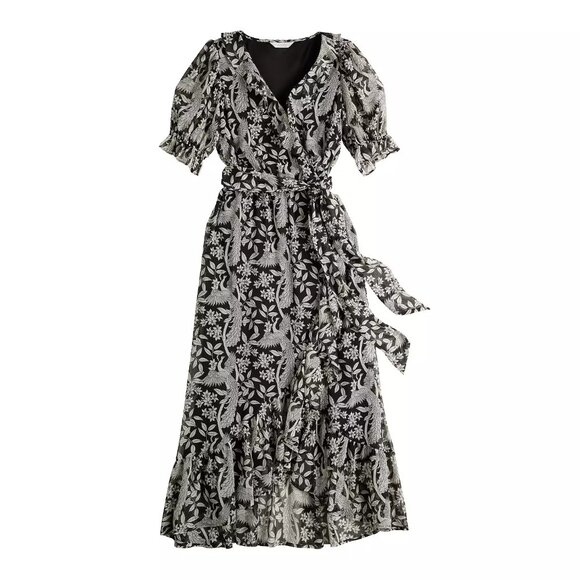🖤 LC Lauren Conrad – Ruffled Wrap Maxi Dress | Black & White Floral |Small NWT - Picture 1 of 11